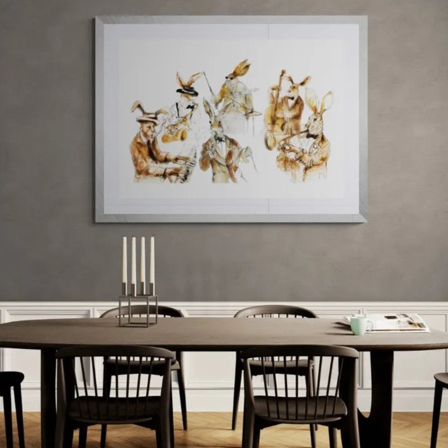 Jazz Playing Hare Band framed fine art print by Wendy Laverick styled above dining table