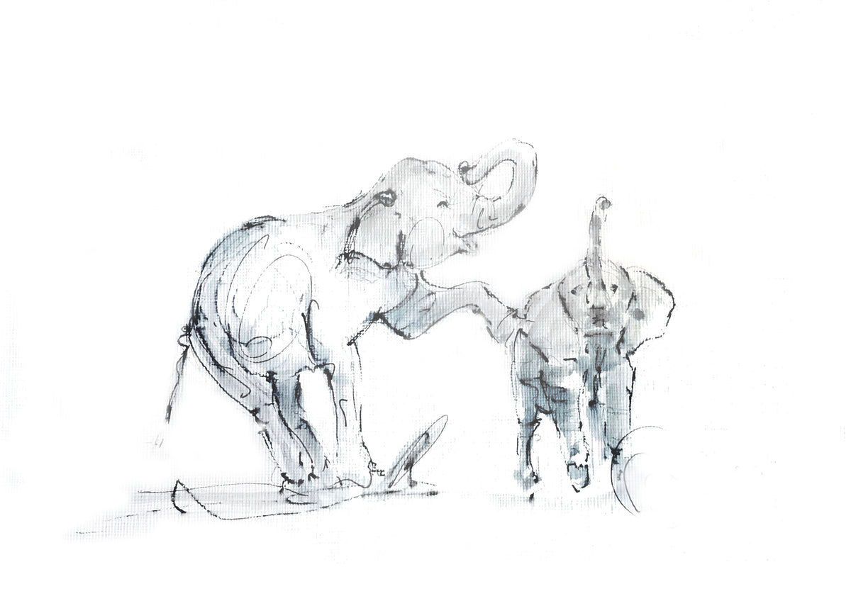 Mother’s Gentle Guidance – Elephant Family Mounted Art Print