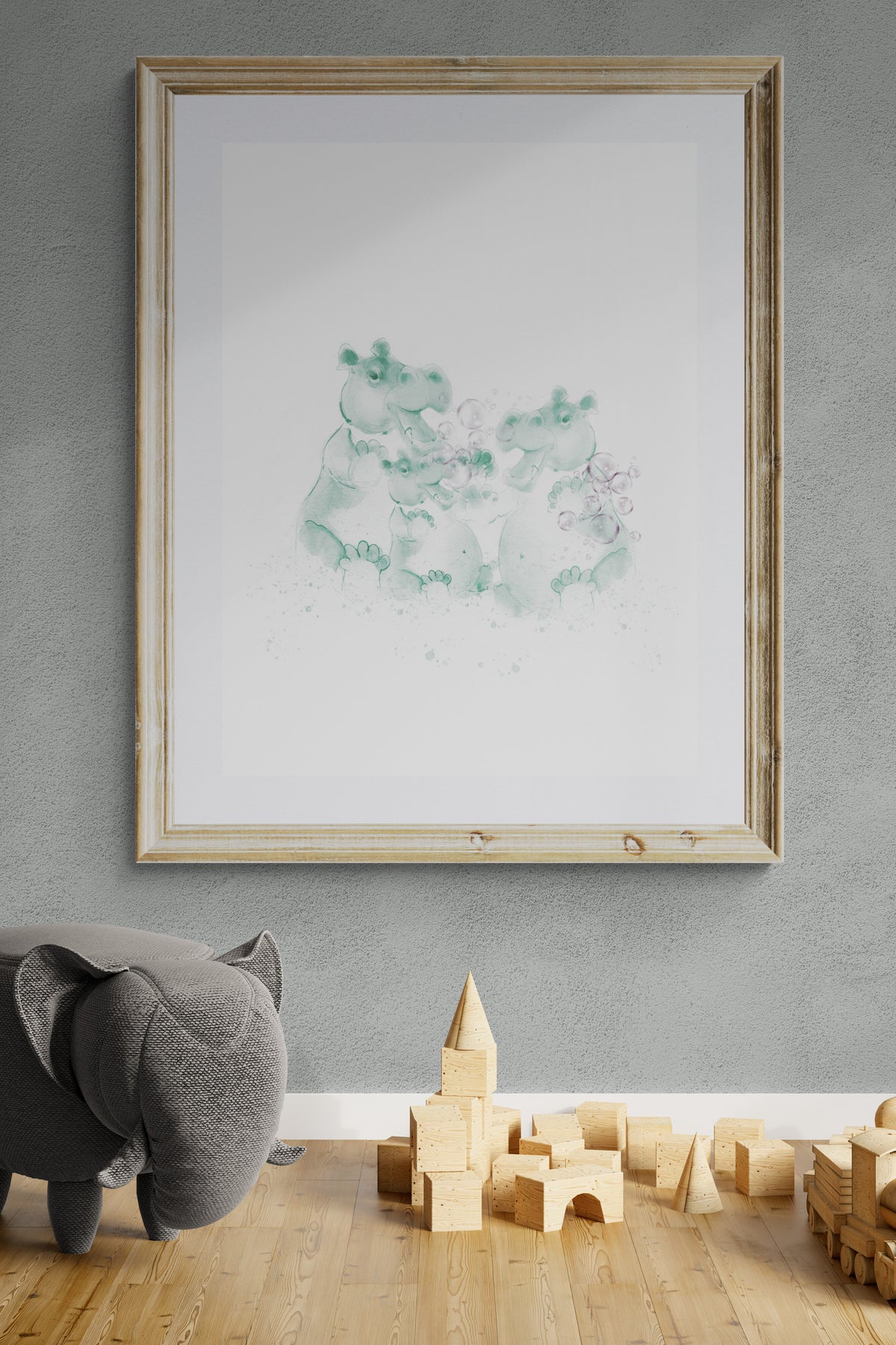 Hippo family nursery wall art in soft sage green – personalised baby name print, ink and watercolour
