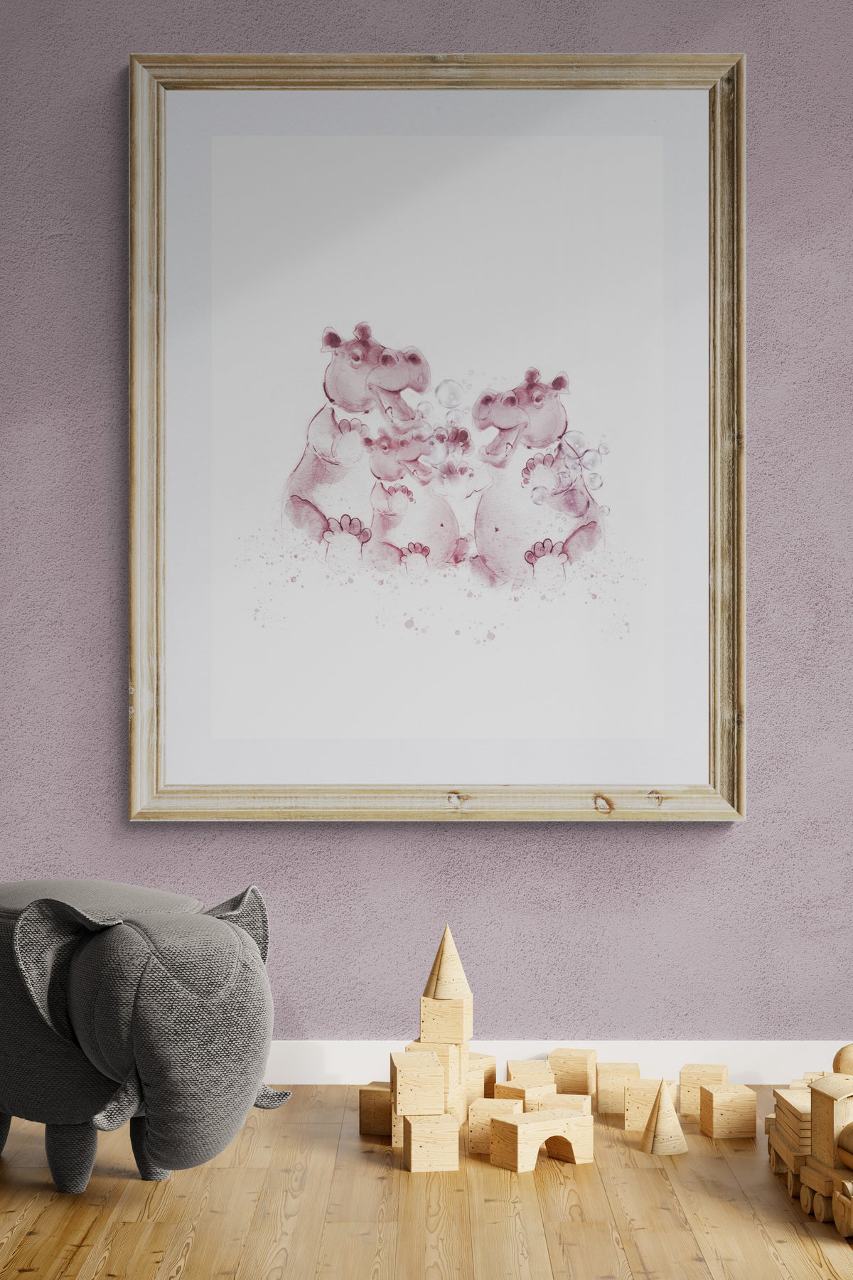 Hippo family nursery wall art in dusky pink – personalised baby name print, ink and watercolour