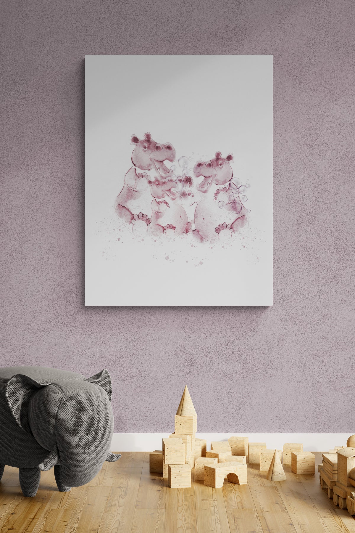 Hippo Family Nursery Wall Art – Personalised (+£10)