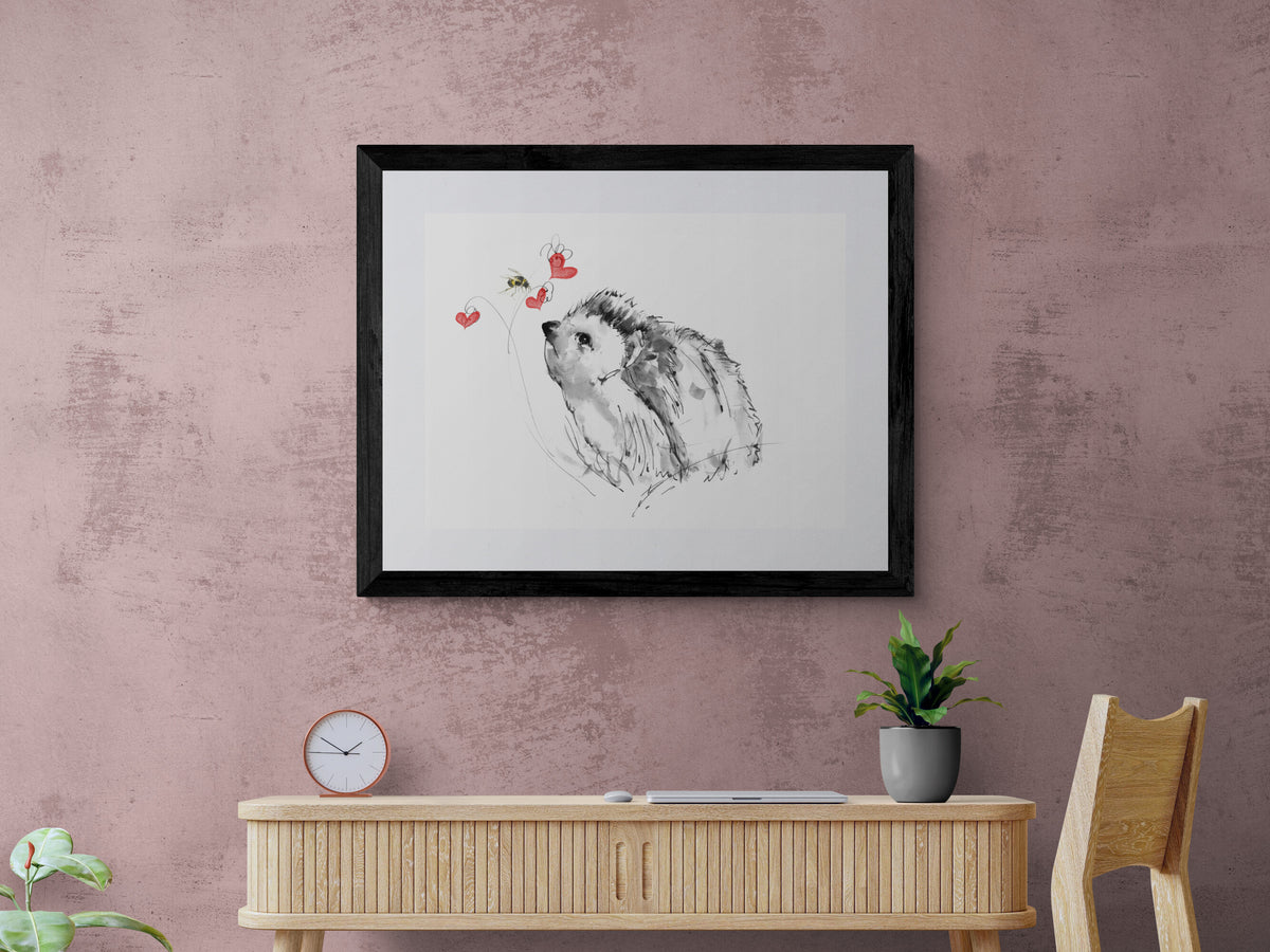 Framed Print Annabelle the Hedgehog with Bee and Hearts