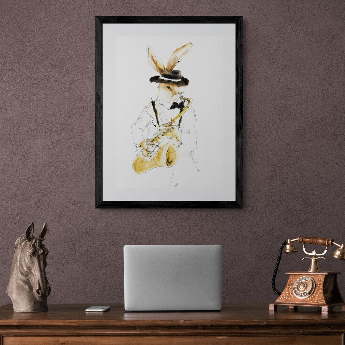 Framed Print Sonny the Saxophonist Jazz Playing Hare image 0
