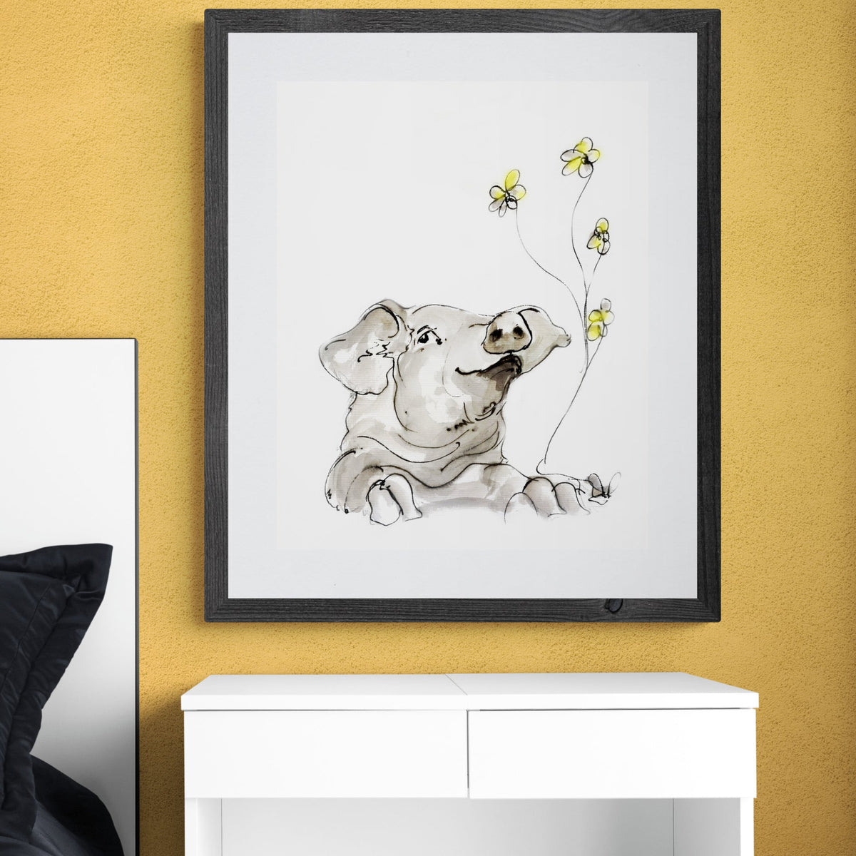 Framed Print Chester the Pig and his yellow flowers image 0
