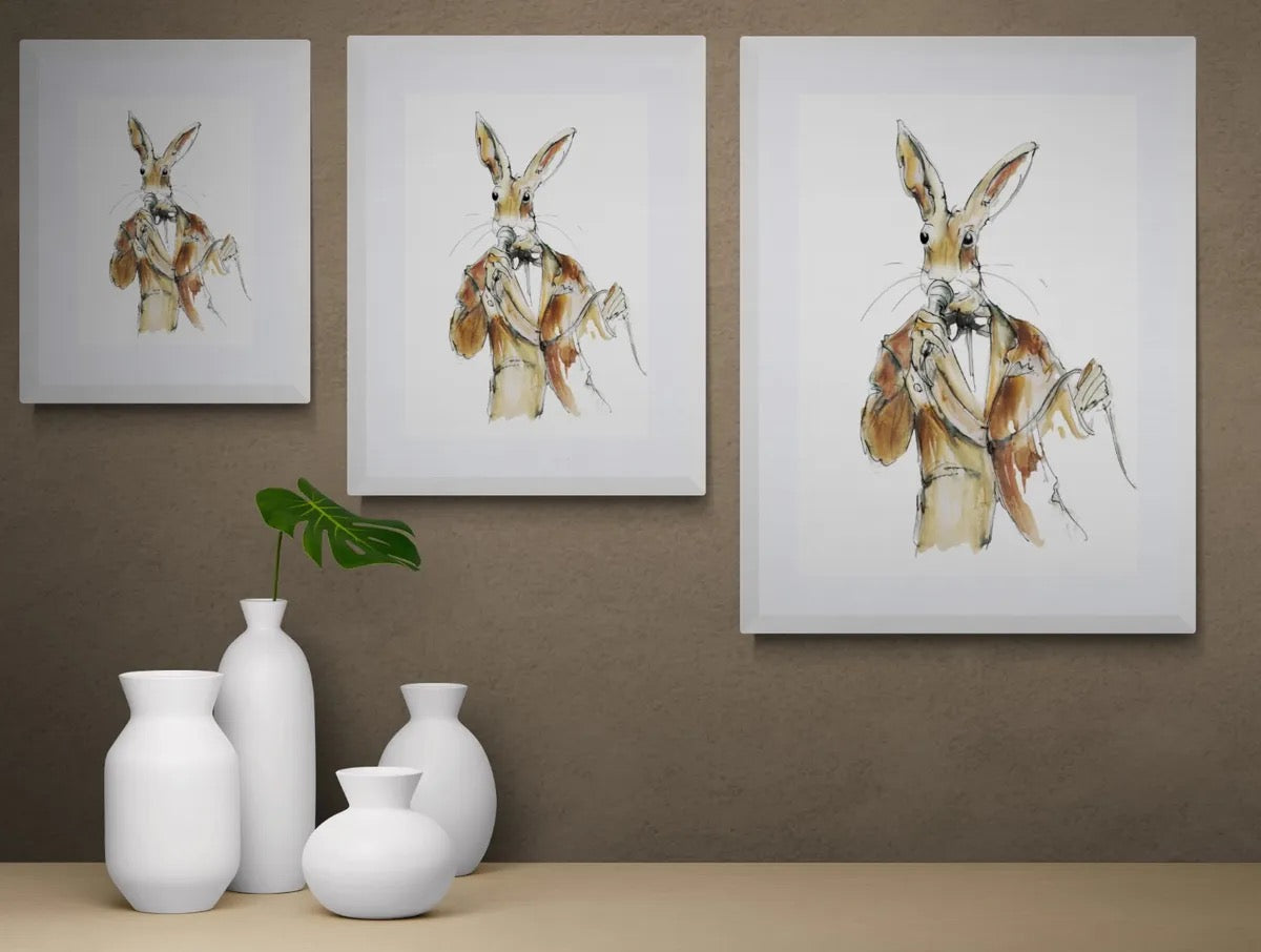 Jazz hare vocalist framed fine art print shown in multiple sizes