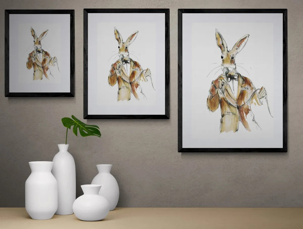 Jazz hare vocalist framed fine art print shown in multiple sizes