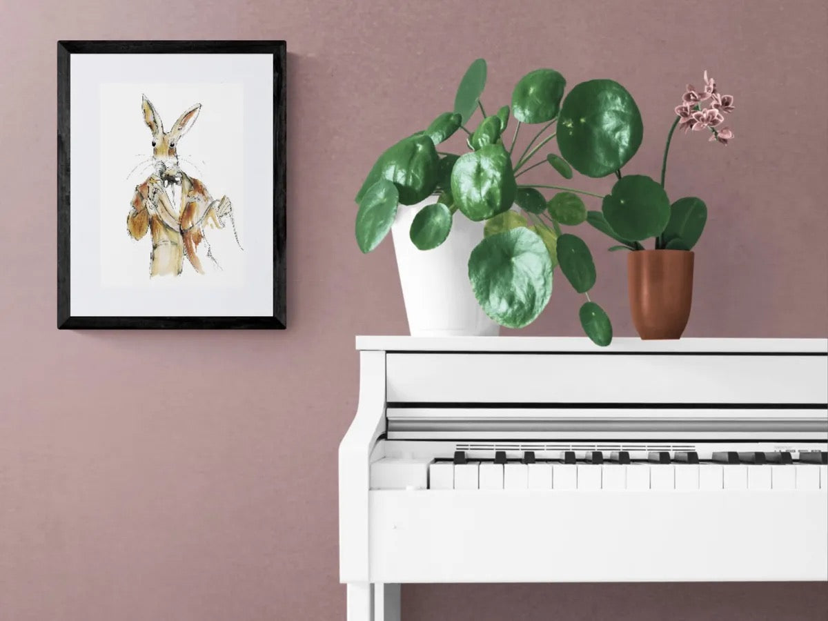 Ink and watercolour jazz singer hare artwork by Wendy Laverick