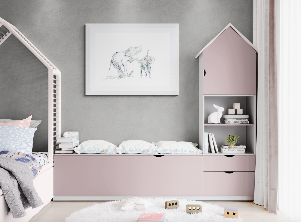 Mounted elephant family nursery art print by Wendy Laverick styled in contemporary child’s bedroom