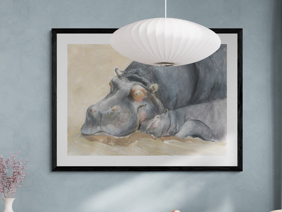 "Adorable Mum and Baby Hippo Painting - Captivating Wildlife Art" image 2