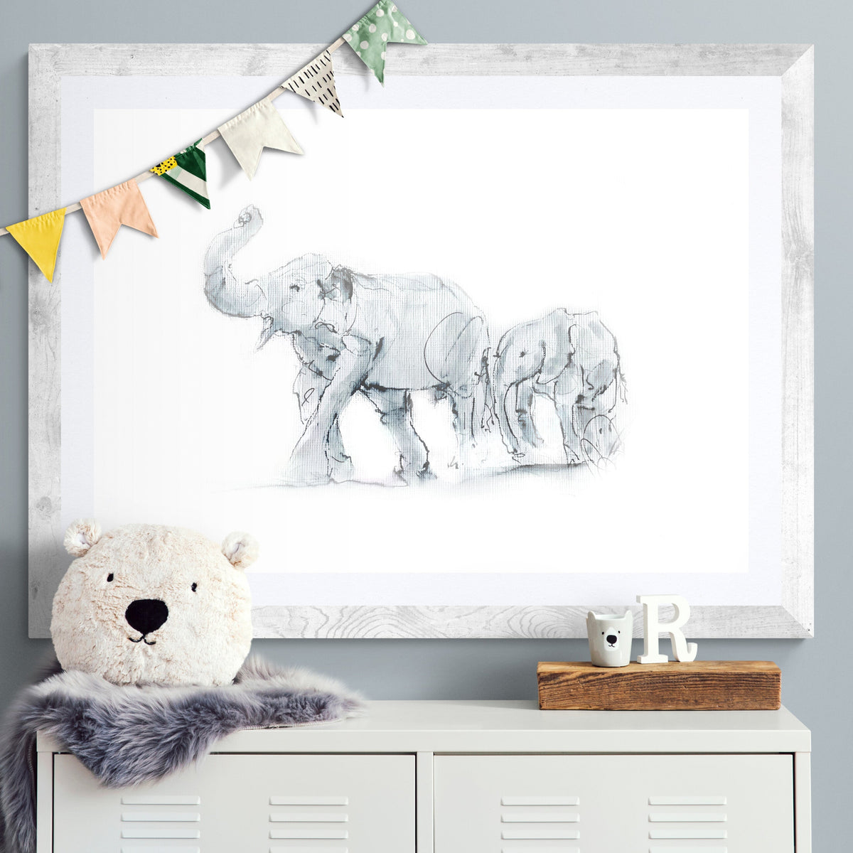 Mother’s Gentle Leadership – Elephant & Calf Mounted Art Print