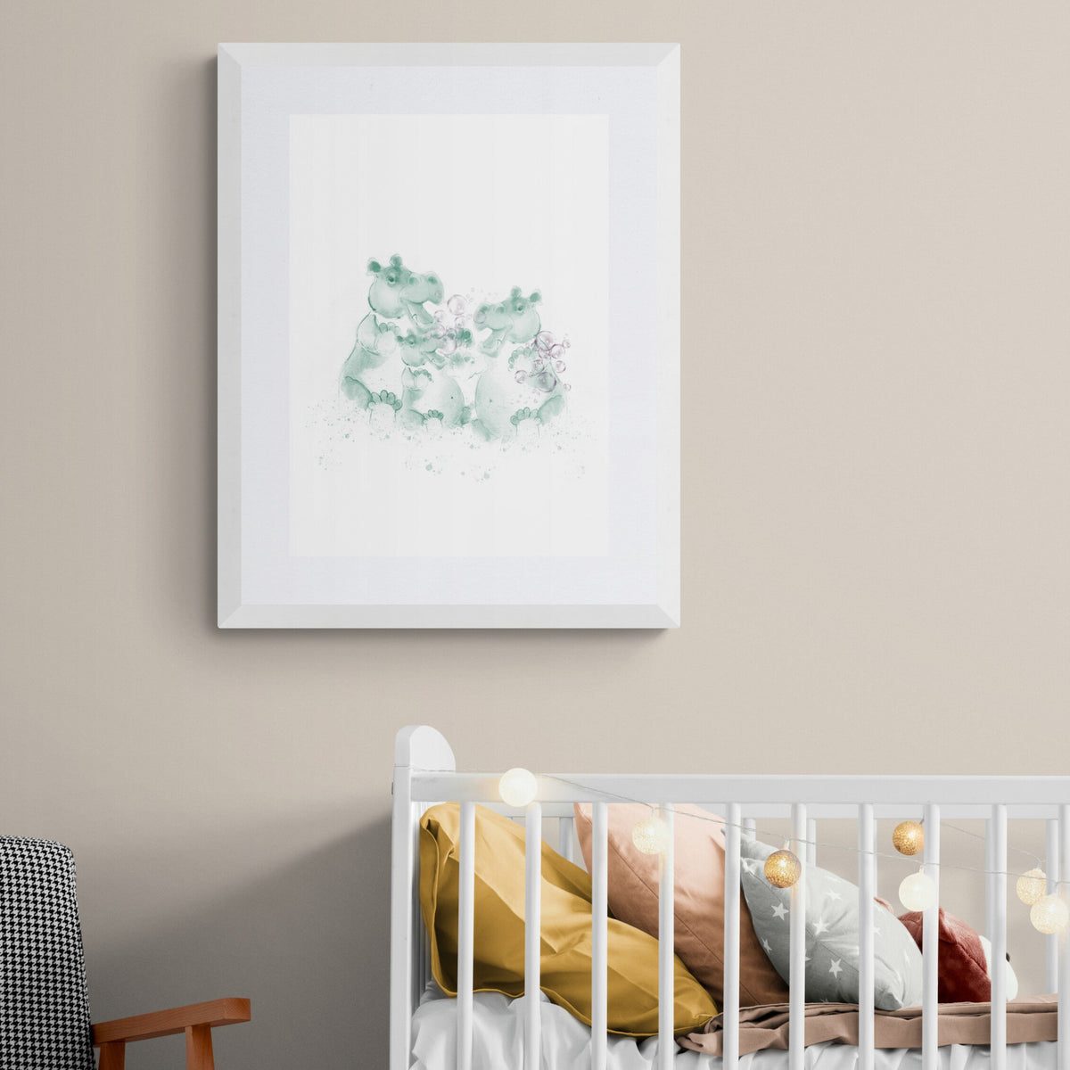 Hippo Family Nursery Wall Art – Ink & Watercolour Print